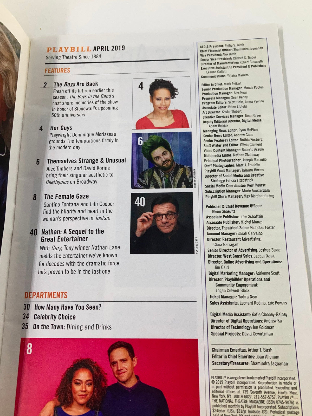 Inside page of the 2019 Playbill for 'Ain't Too Proud', showcasing features and performances related to the production, including a tribute to the Temptations.