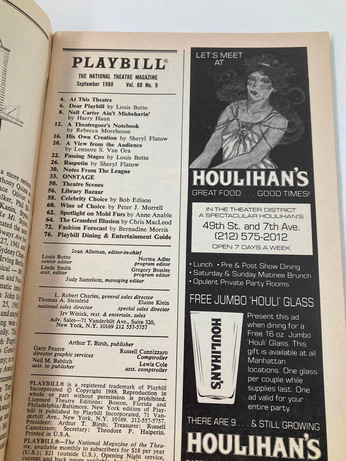 1988 Playbill from St. James Theatre showcasing the inside view and advertisements, highlighting '42nd Street' and dining options nearby.