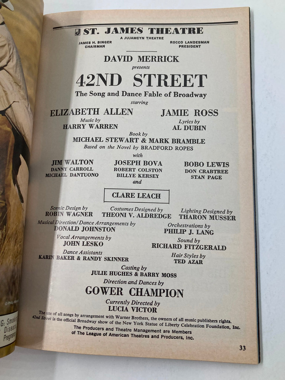 1988 Playbill from St. James Theatre featuring 42nd Street, starring Elizabeth Allen and Jamie Ross, showcasing cast details and production credits.