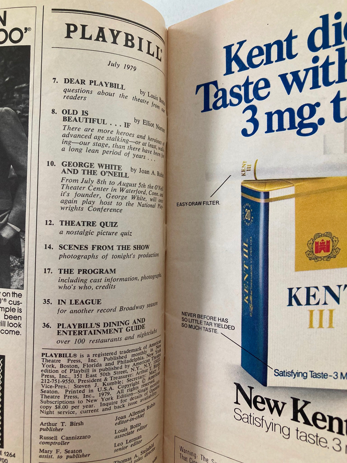 1979 Playbill inside contents featuring articles and advertisements, including a letter to the editor and information about 'A Chorus Line' at the Sam S. Shubert Theatre.
