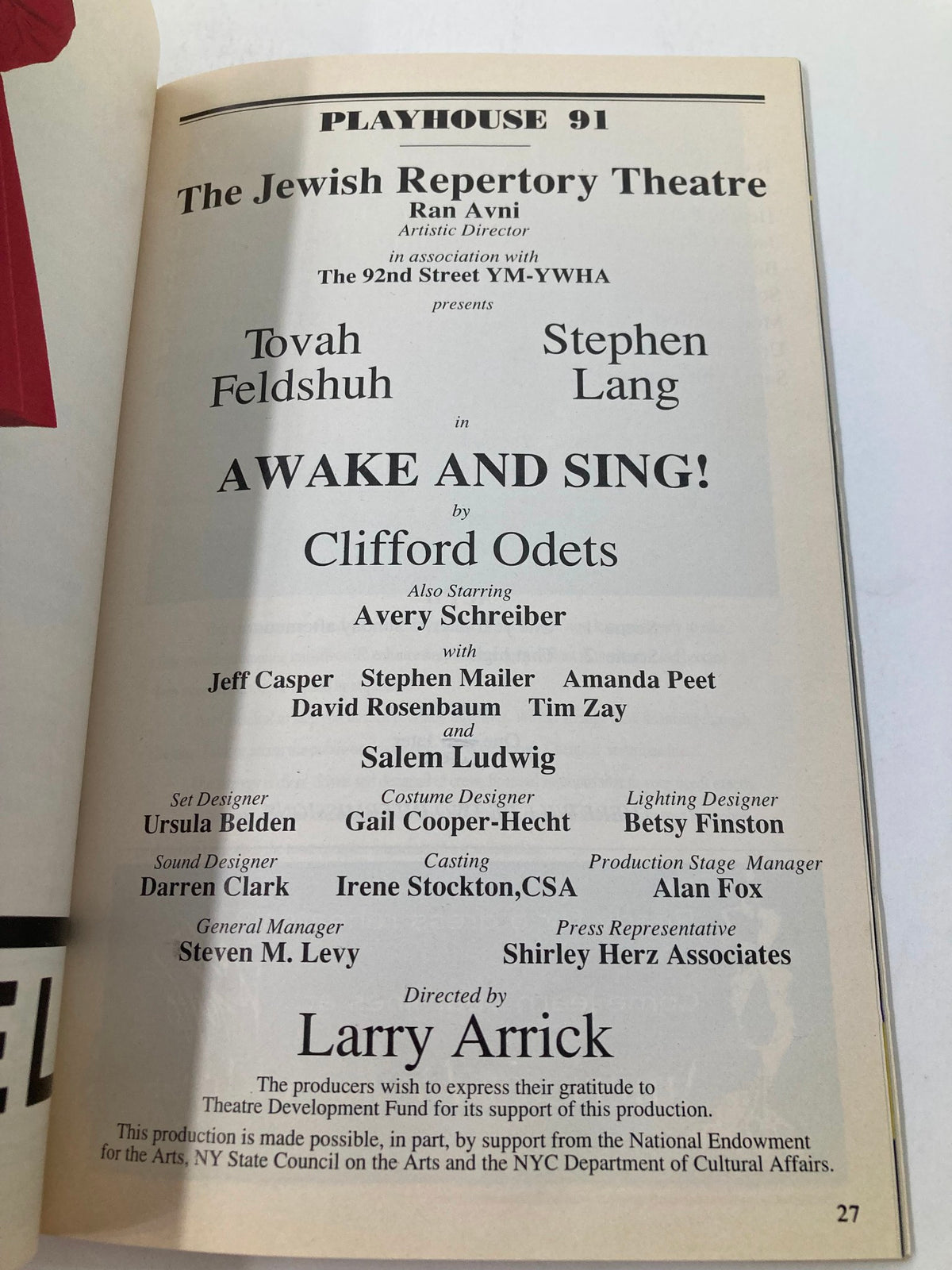 Featuring credits page from the 1995 Playbill for Awake and Sing! listing Tovah Feldshuh and Stephen Lang.