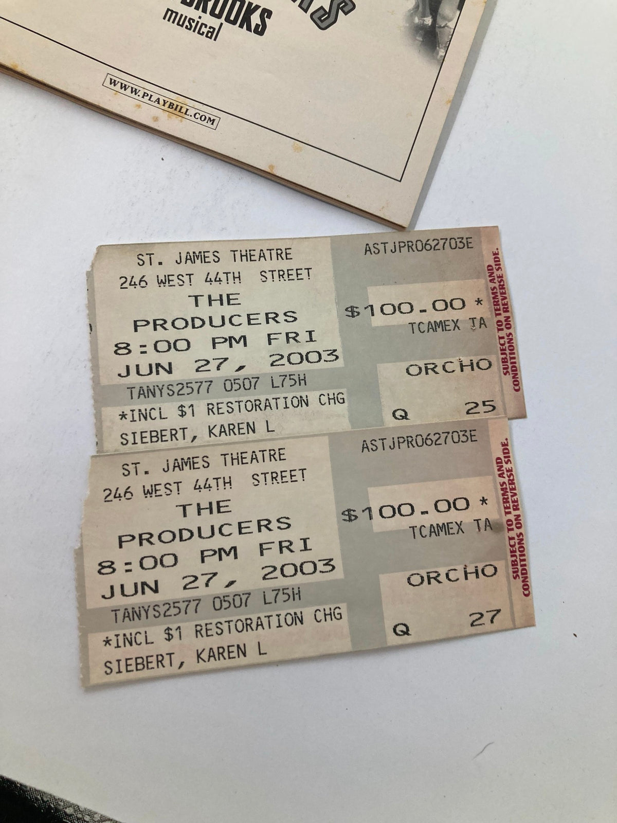 2003 Playbill St. James Theatre featuring ticket stubs for Mel Brooks' The Producers, showcasing the date and seating information.