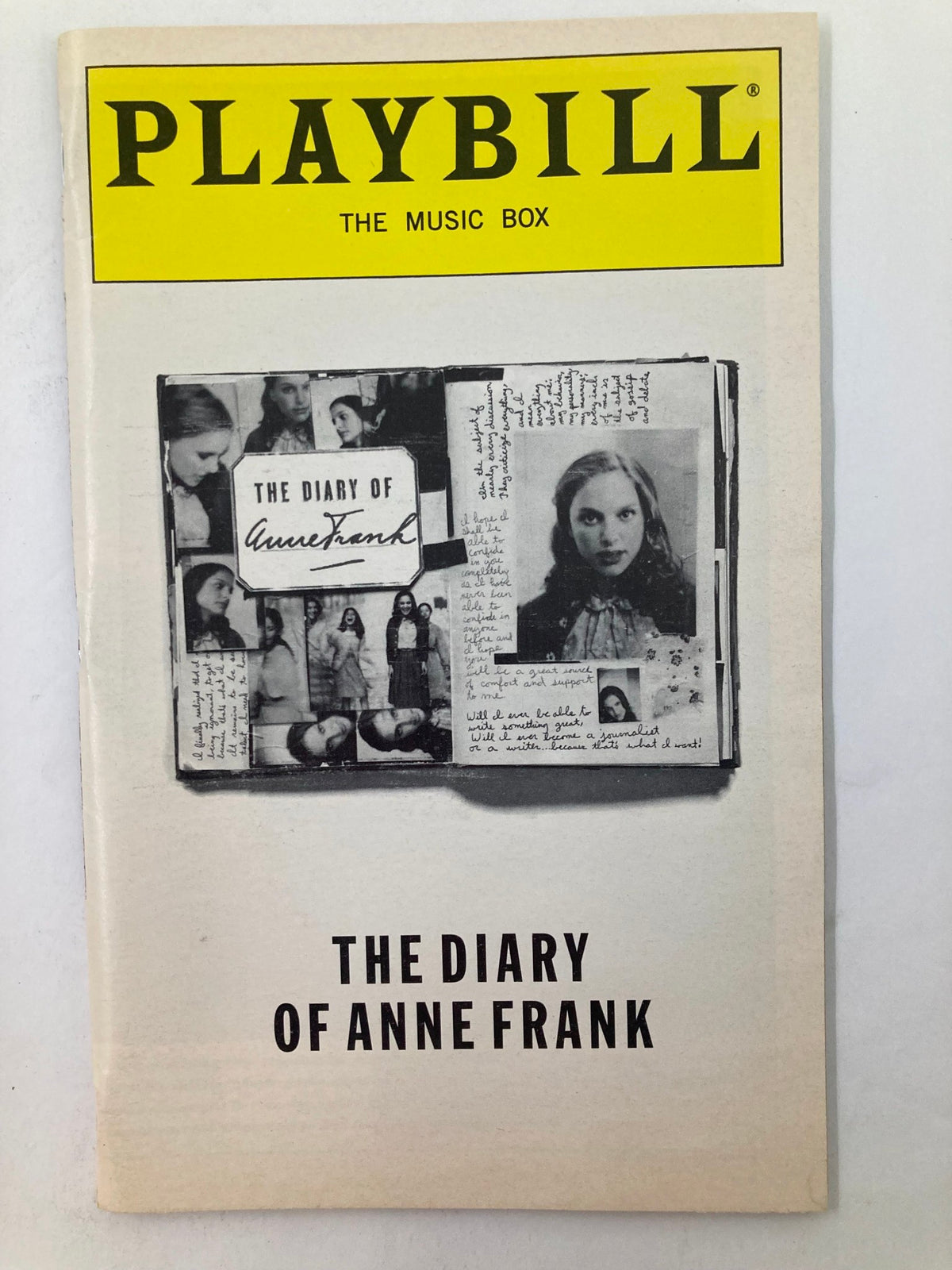 1997 Playbill for The Music Box featuring The Diary of Anne Frank, showcasing a vintage design and iconic performance with Natalie Portman.