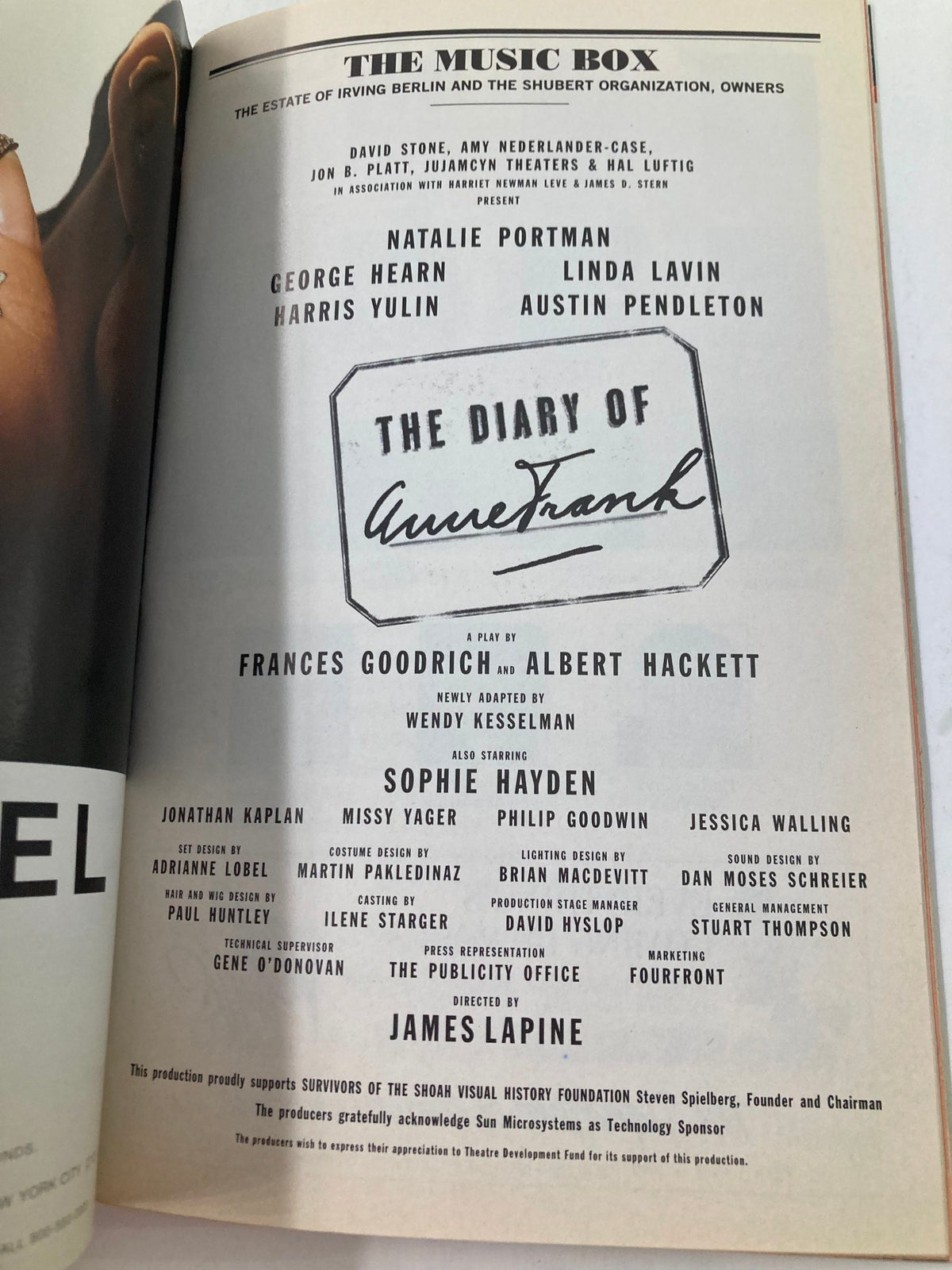 1997 Playbill The Music Box featuring the cast and crew of The Diary of Anne Frank, including George Hearn and Linda Lavin, presented in a vintage theater program format.
