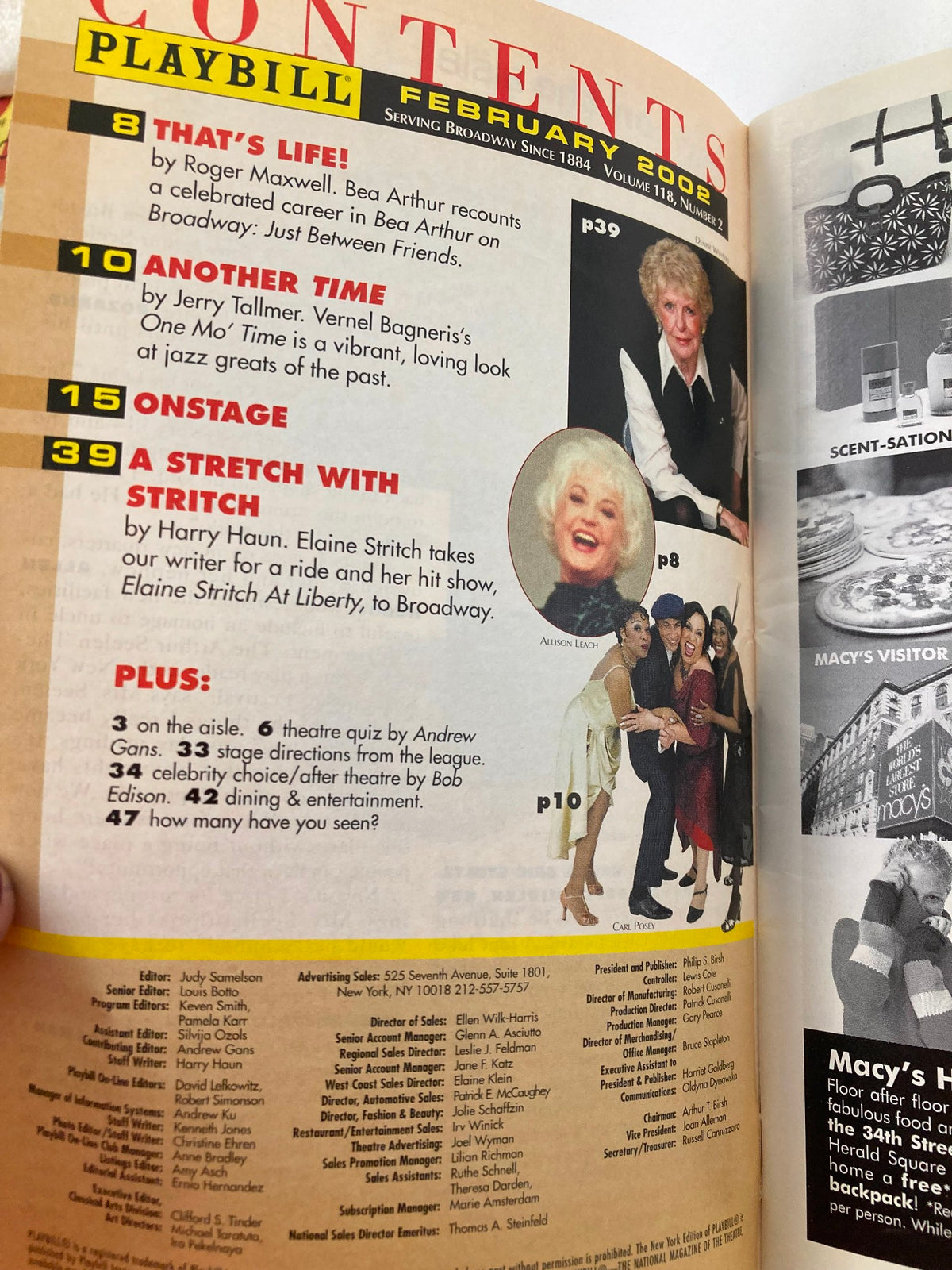 Contents page from 2002 Playbill for Bea Arthur on Broadway Just Between Friends, detailing articles and features related to the show.