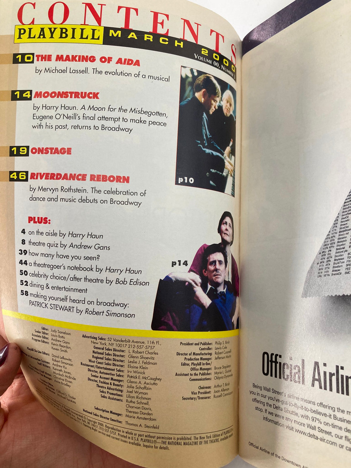 Contents page of the 2000 Playbill from Gershwin Theatre showcasing listings including Riverdance and other productions.