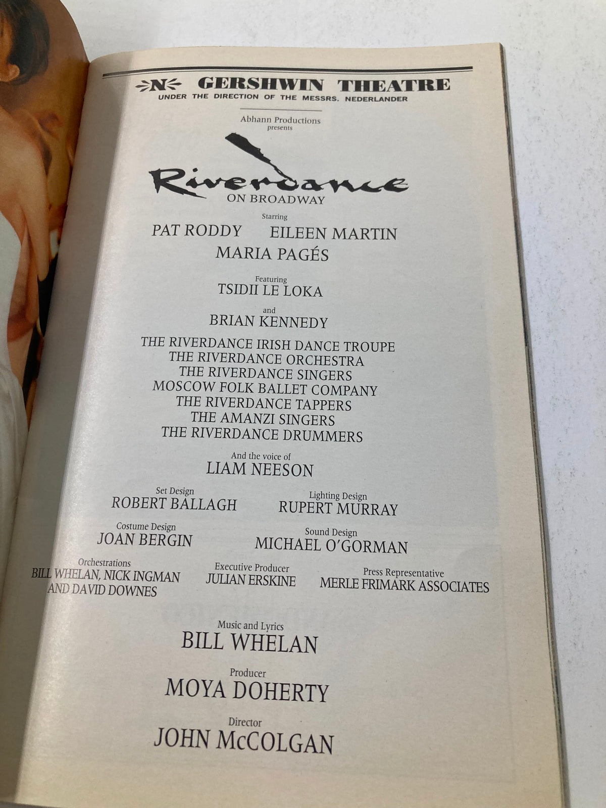 Cast and production details page of the 2000 Playbill for Riverdance featuring stars Pat Roddy and Eileen Martin.