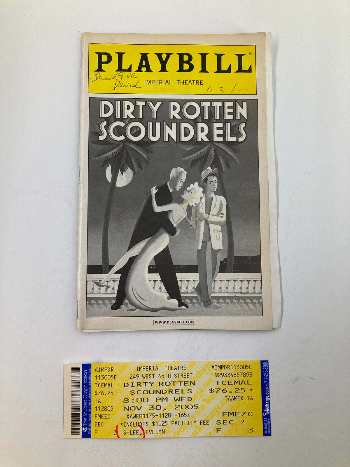 2005 Playbill for Dirty Rotten Scoundrels at Imperial Theatre featuring John Lithgow, including accompanying tickets, showcasing the charm of Broadway collectible memorabilia.