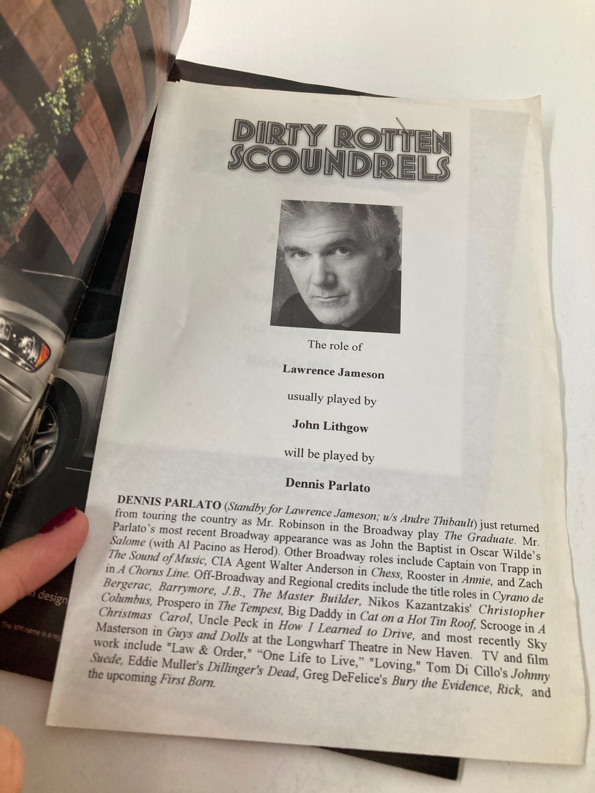 Inside page of the 2005 Playbill for Dirty Rotten Scoundrels featuring John Lithgow, showcasing the role descriptions for actors including Lawrence Jameson.