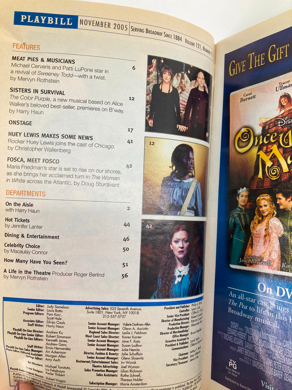 November 2005 Playbill for Dirty Rotten Scoundrels at the Imperial Theatre, highlighting featured acts and a tribute to former shows, including article listings.