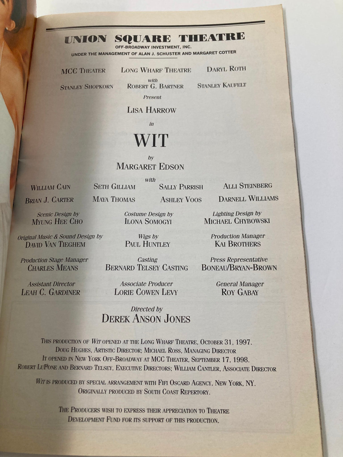 2000 Playbill from Union Square Theatre showcasing the cast of 'Wit,' including Lisa Harrow and William Cain, directed by Derek Anson Jones.