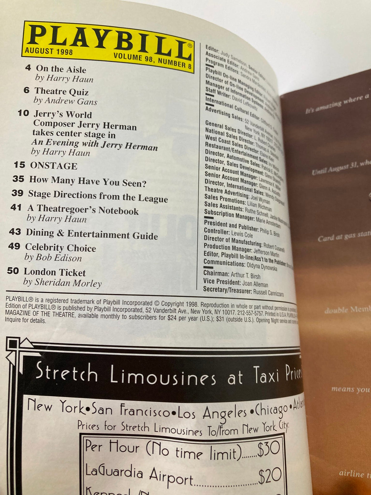 Inside page of the 1998 Playbill for Visiting Mr. Green, detailing the contents and features of the August 1998 edition, including articles and a menu of performances.