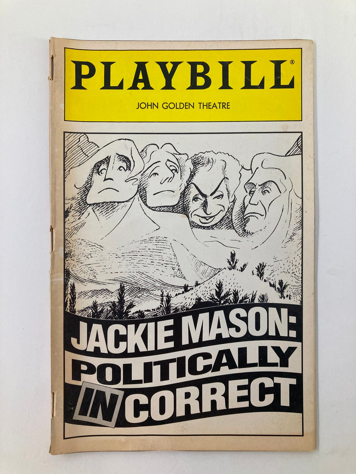 1995 Playbill for Jackie Mason's Politically Incorrect at the Golden Theatre featuring an illustration of prominent figures from the show.