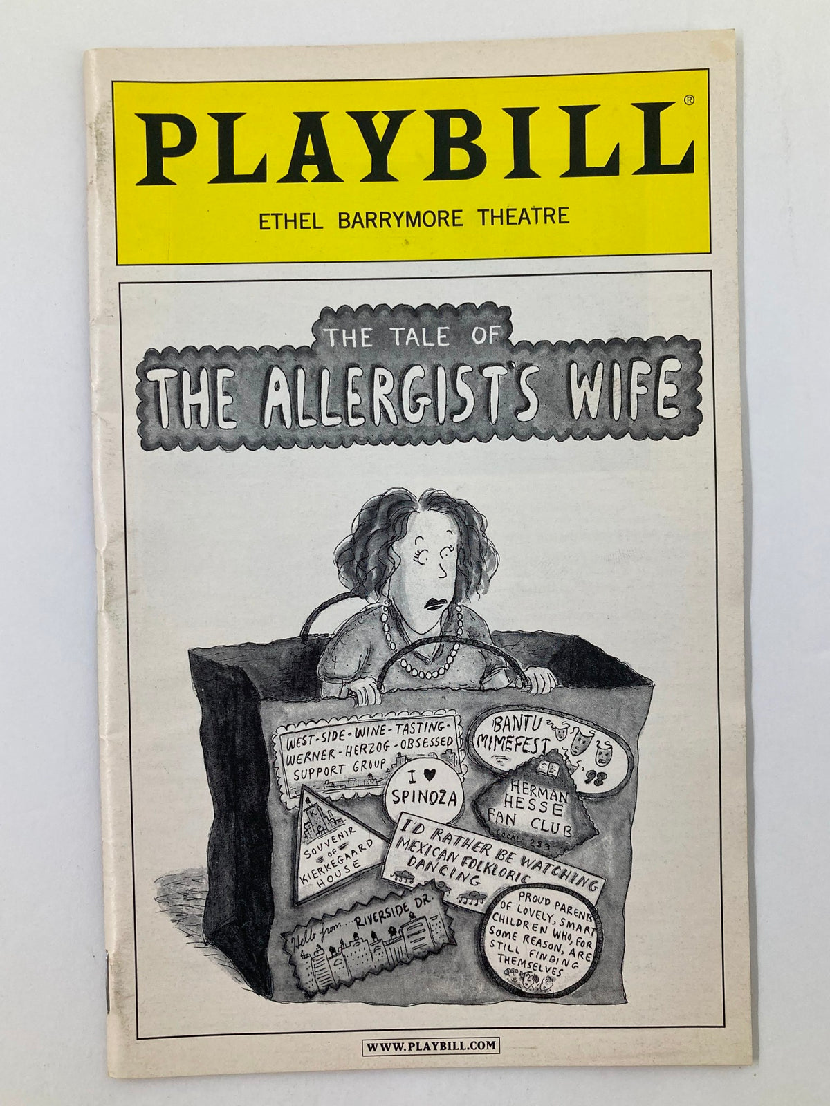 2002 Playbill for The Tale of The Allergists Wife, featuring an illustrated cover with a character surrounded by whimsical notes and headlines, dappled with a retro artistic style.