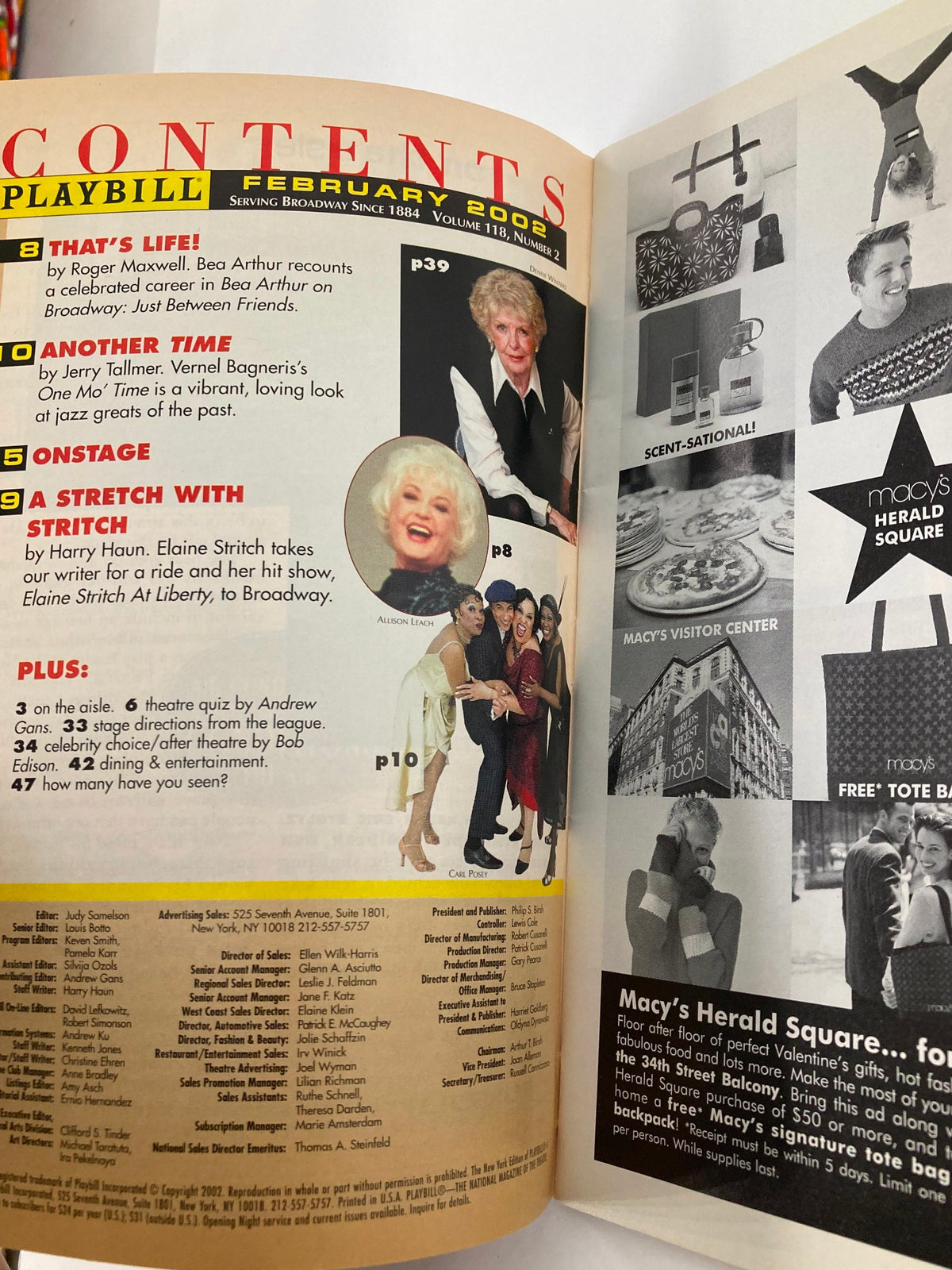 Inside page of the 2002 Playbill for The Tale of The Allergists Wife, displaying the contents section with various articles, highlights, and images from Broadway shows, showcasing theatrical diversity.