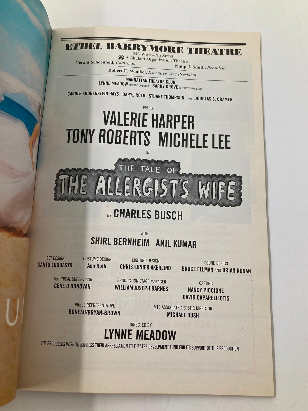 2002 Playbill for The Tale of The Allergists Wife at Ethel Barrymore Theatre featuring cast names Valerie Harper, Tony Roberts, Michele Lee, and creative team details.