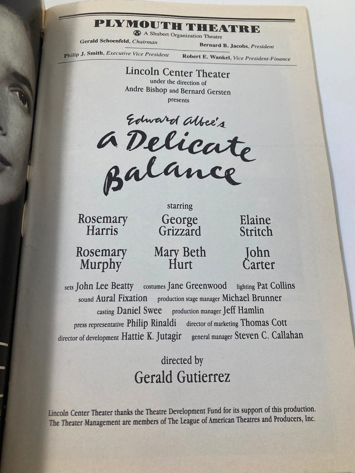 Plymouth Theatre program page featuring the cast and crew of Edward Albee's A Delicate Balance, highlighting Elaine Stritch, George Grizzard, and others. A historical piece from the 1996 production presented in the Playbill.