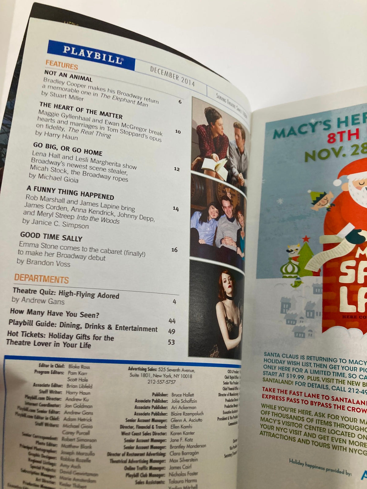 Inside page of the 2014 Playbill for John Lennon: Through a Glass Onion, featuring magazine content and articles related to the theatrical performance.