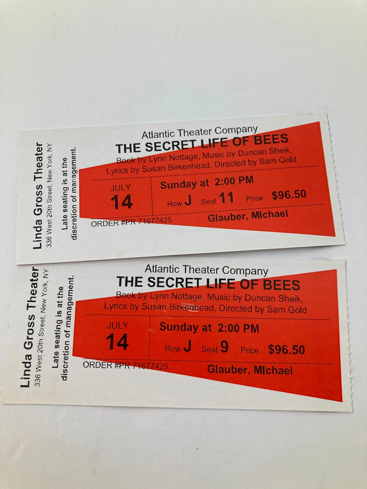 Tickets for The Secret Life of Bees performance on July 14 at the Linda Gross Theater, showcasing seat information and prices.