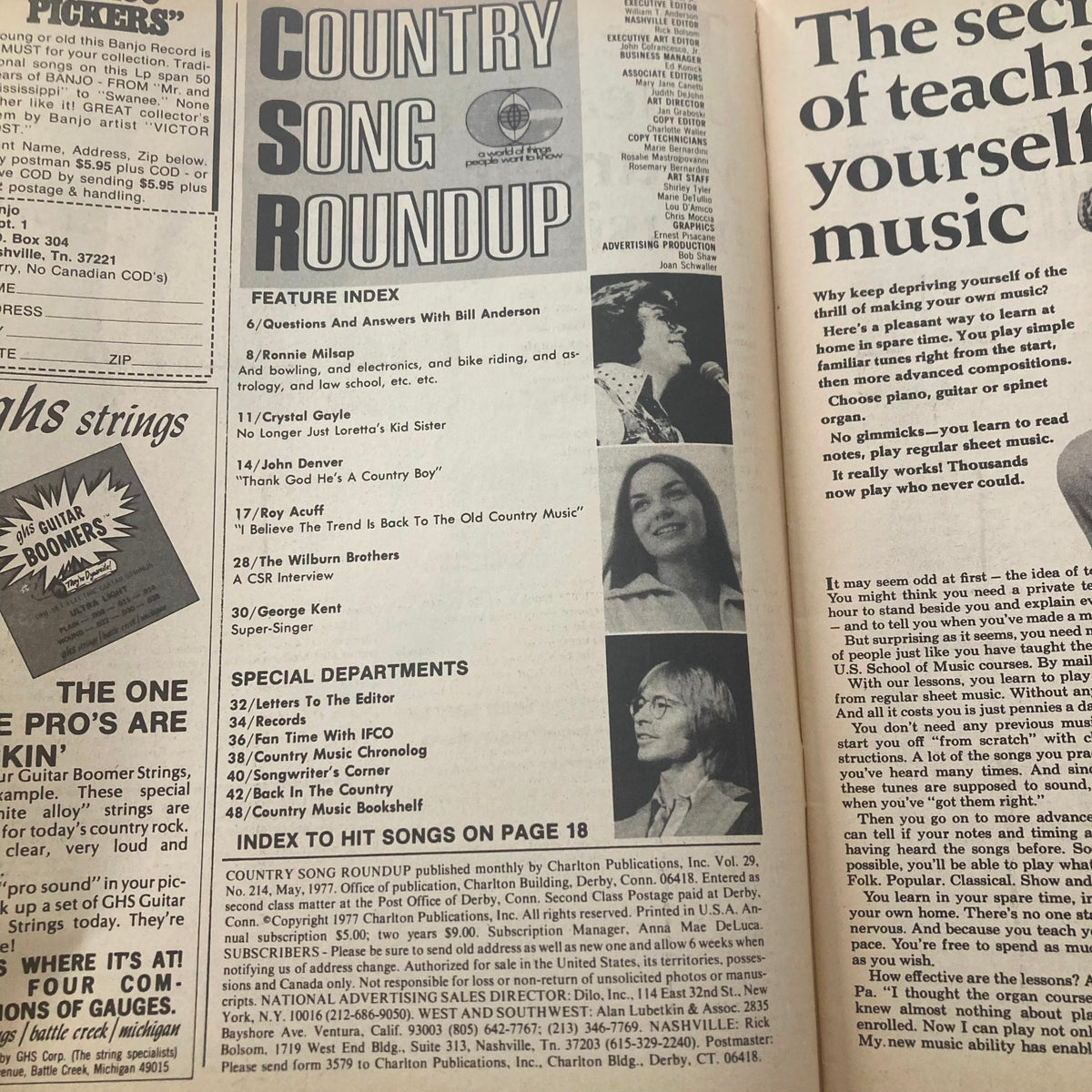 Interior page of VTG Country Song Roundup Magazine May 1977, displaying the feature index and articles about artists such as Crystal Gayle and John Denver.