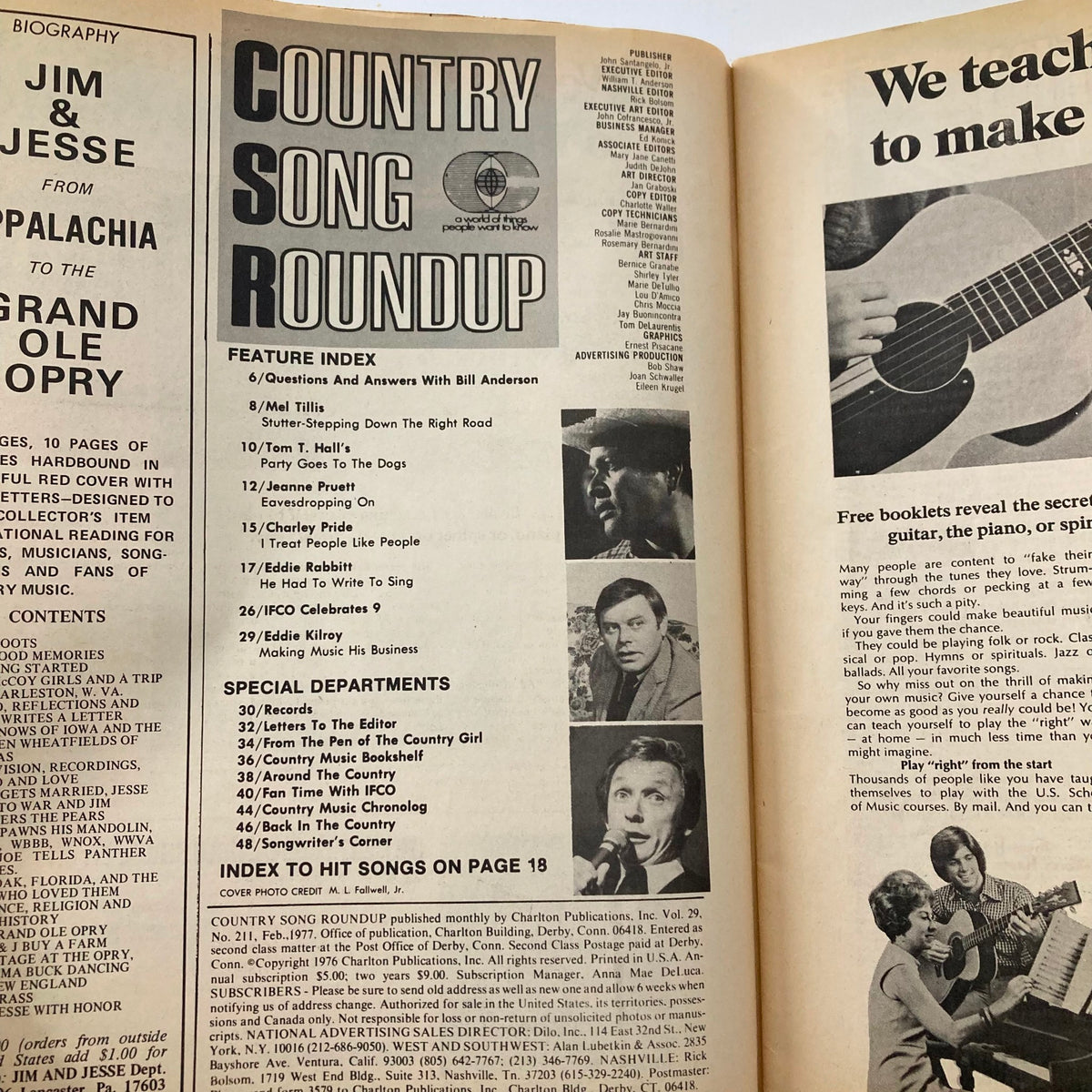 Interior page of the Country Song Roundup Magazine February 1977 showing the feature index including articles on Charley Pride and Jeanne Pruett, highlighting key topics and artists from the era.