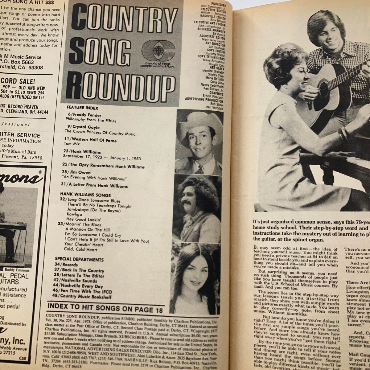 Inside pages of the VTG Country Song Roundup Magazine April 1978, featuring a feature index, articles about Hank Williams, and musical insights related to Crystal Gayle.
