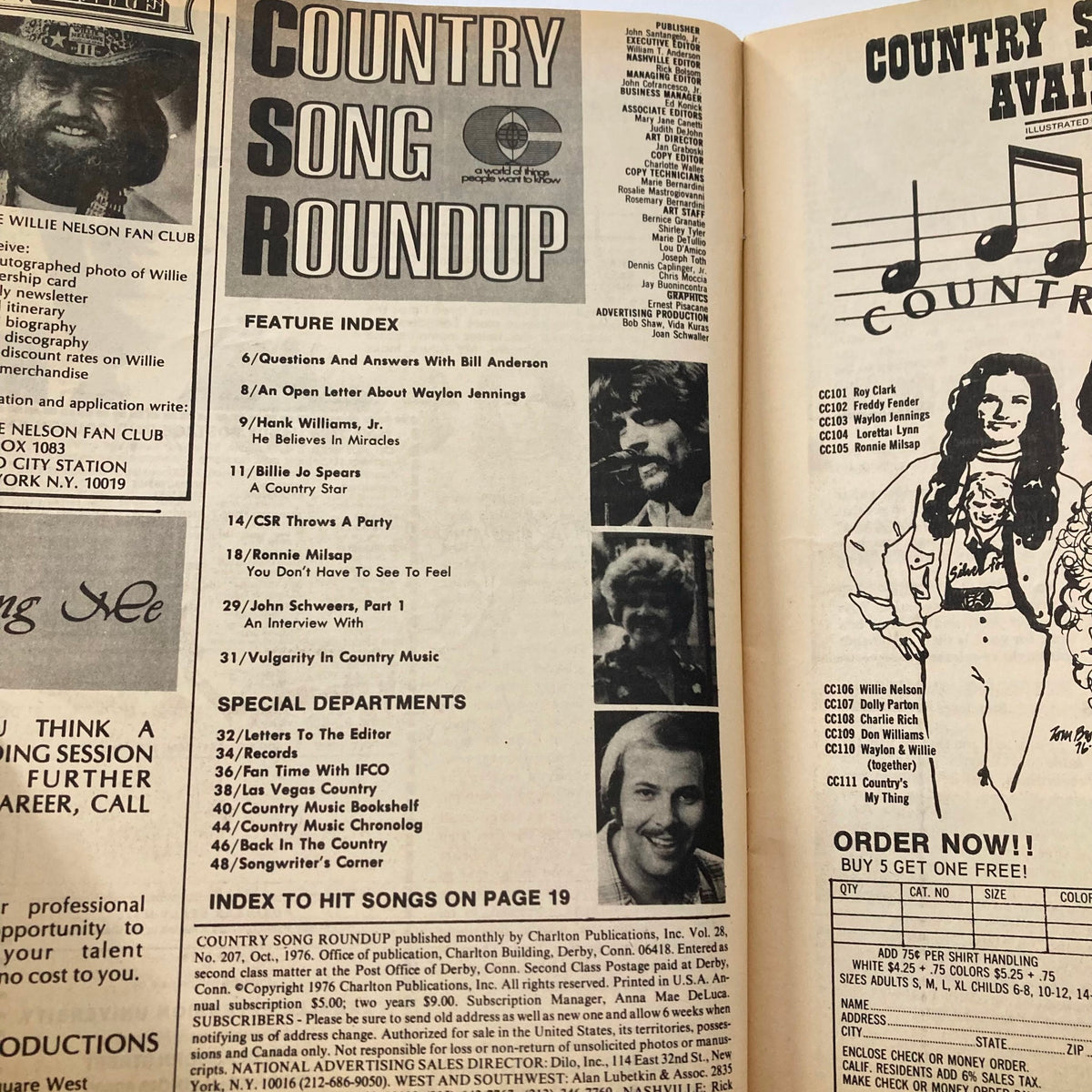 Interior page of VTG Country Song Roundup Magazine October 1976 featuring the feature index that includes artists like Billie Jo Spears and Ronnie Milsap, along with articles and special departments related to country music.