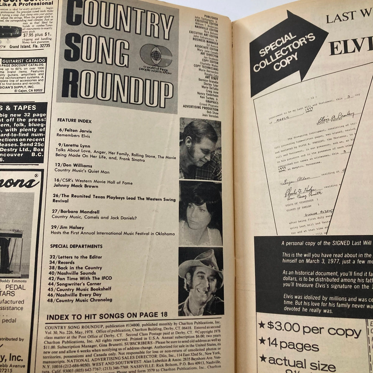 Inside pages of VTG Country Song Roundup Magazine May 1978, showcasing the feature index with articles on Felton Jarvis, Loretta Lynn, and Don Williams.