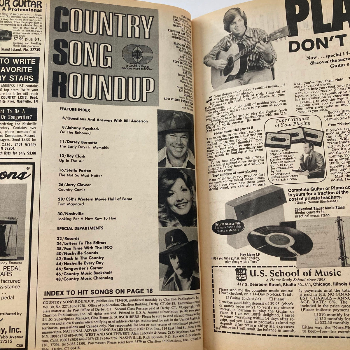 Inside page of the VTG Country Song Roundup Magazine June 1978, showcasing the feature index with contributors like Roy Clark, Dorsey Burnette, and details about music-related content.