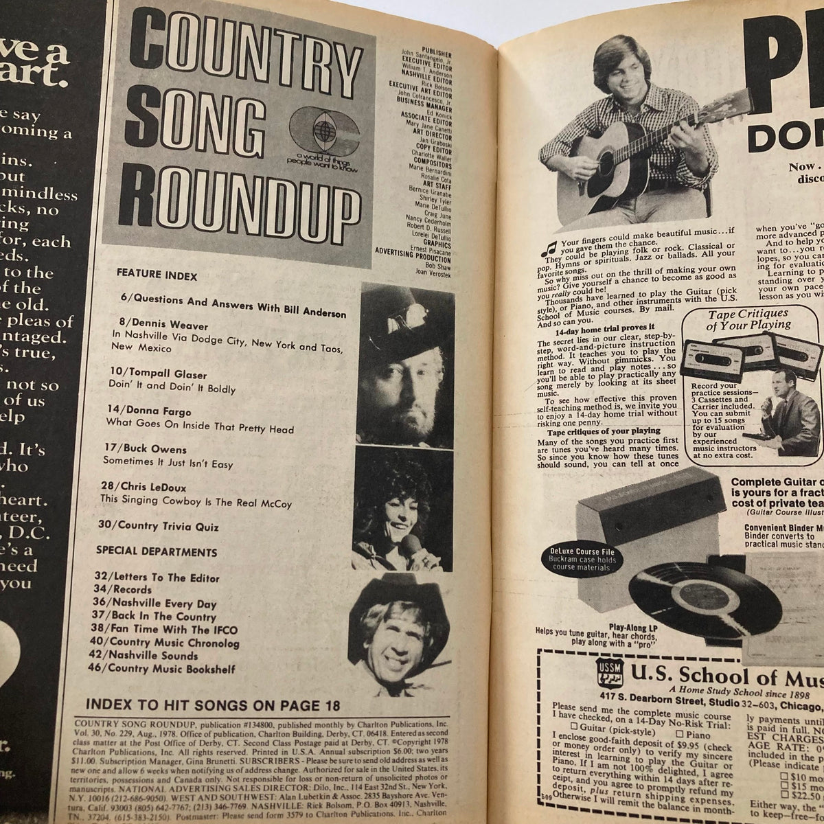 Inside page of the VTG Country Song Roundup Magazine, August 1978, displaying the feature index and articles about country music stars including Buck Owens and Donna Fargo.