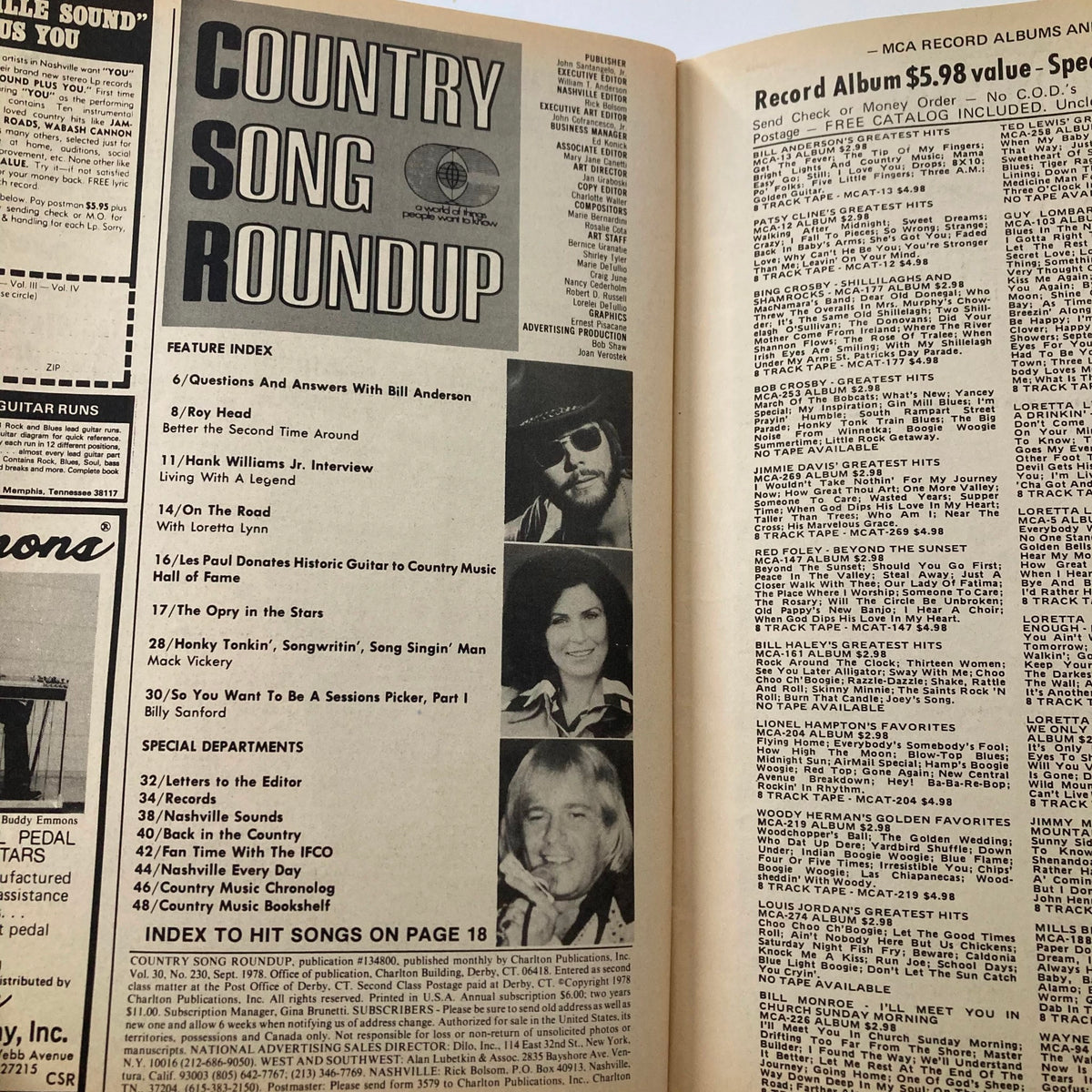 Interior pages of the September 1978 VTG Country Song Roundup Magazine, showcasing feature index and profiles of country music stars including Loretta Lynn.