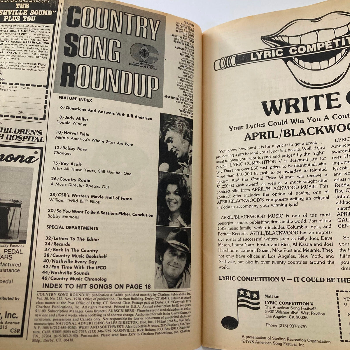 Inside page of the VTG Country Song Roundup Magazine November 1978 showcasing the feature index including Bobby Bare, Roy Acuff, and Jody Miller.
