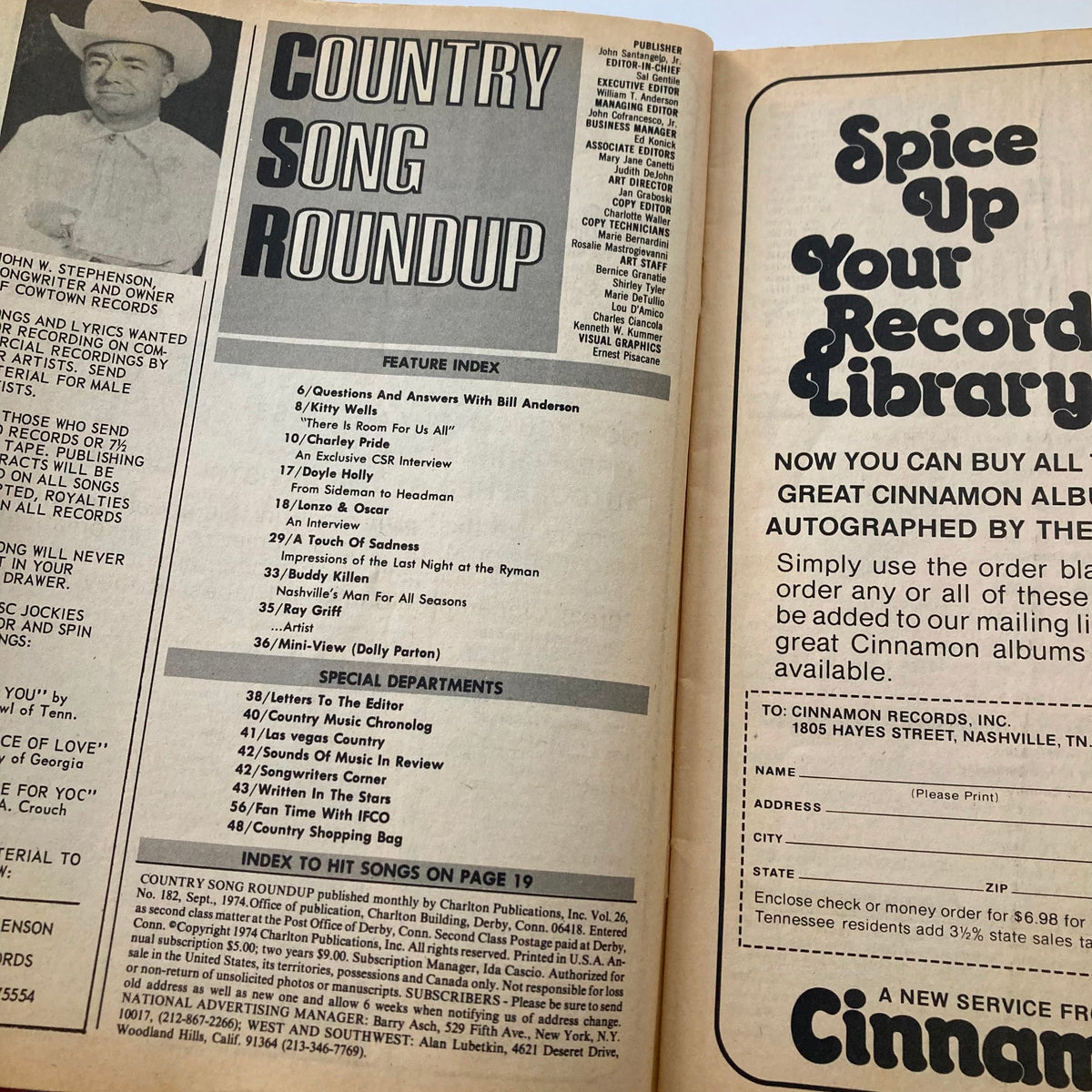 Inside page of VTG Country Song Roundup Magazine, September 1974. This page includes a feature index and highlights of various interviews and articles on legendary country artists.