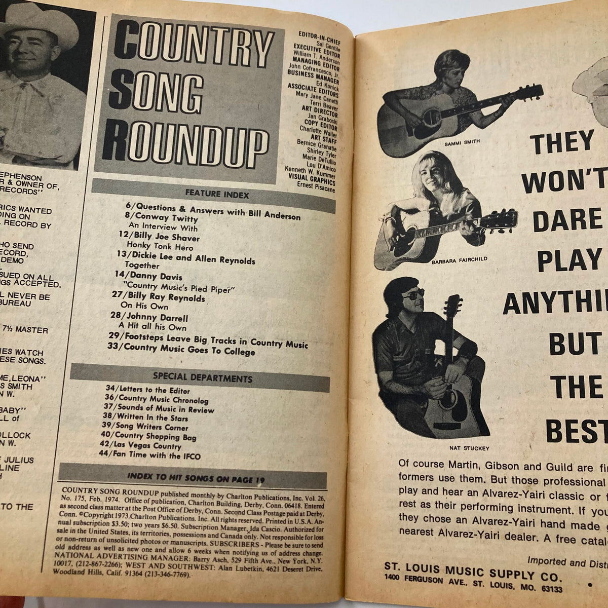 Interior page of the February 1974 VTG Country Song Roundup Magazine featuring the feature index and profiles of country music artists including Conway Twitty and Danny Davis. It highlights notable sections like interviews and music culture, making it a valuable collectible for enthusiasts.