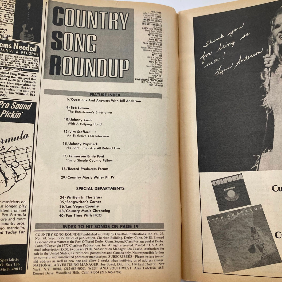 Inside page of VTG Country Song Roundup Magazine from September 1975 featuring the title, feature index, and articles on Johnny Cash and Bob Luman.