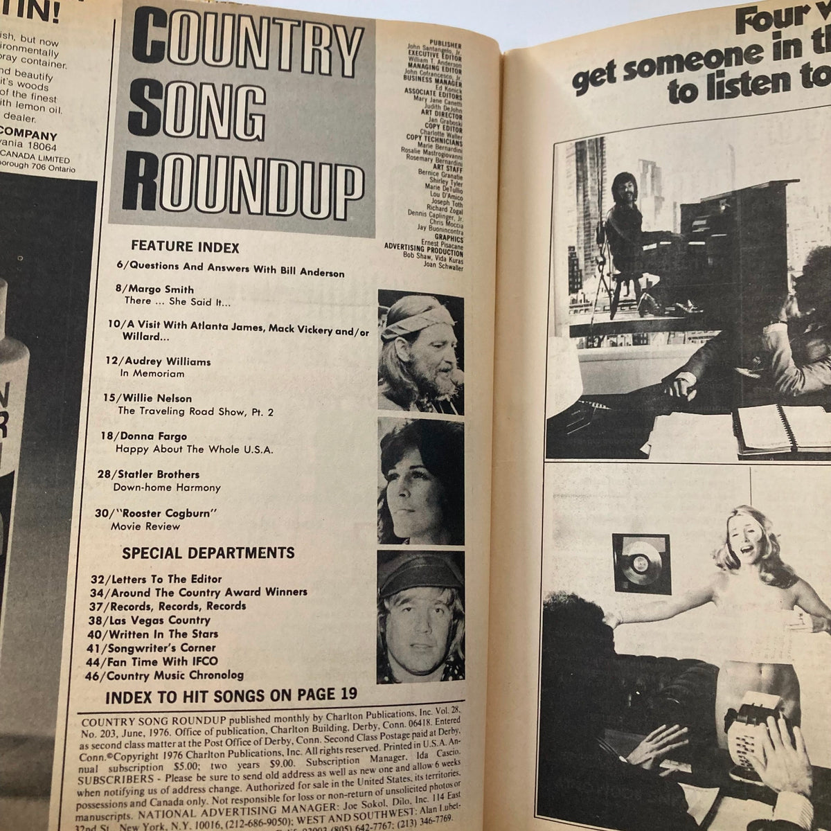 Interior page of VTG Country Song Roundup Magazine June 1976 showcasing the feature index and articles including Donna Fargo's 'Happy About the Whole U.S.A.' and other country music icons.