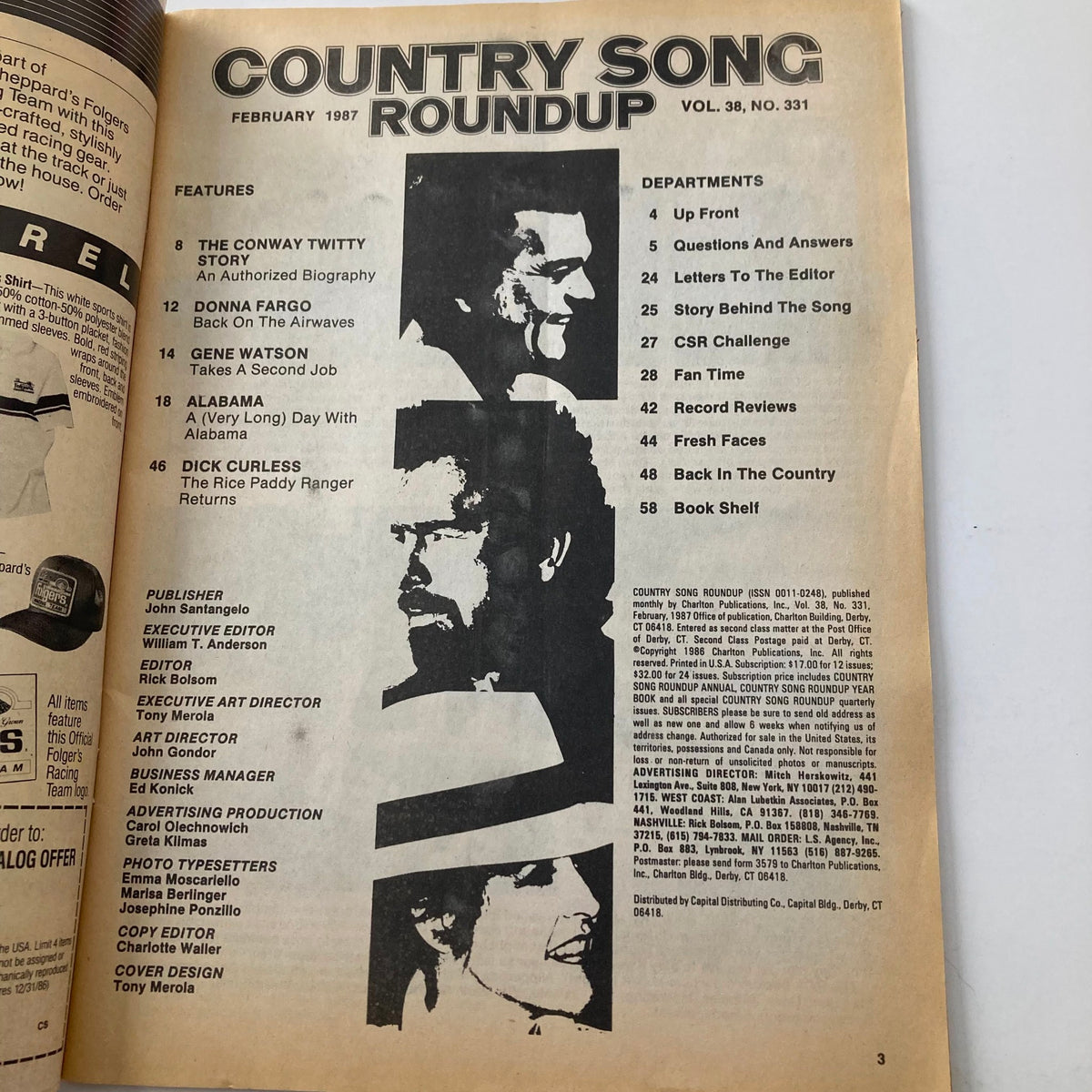 Inside page of the VTG Country Song Roundup Magazine February 1987, detailing features and articles including The Conway Twitty Story, Alabama, and more.