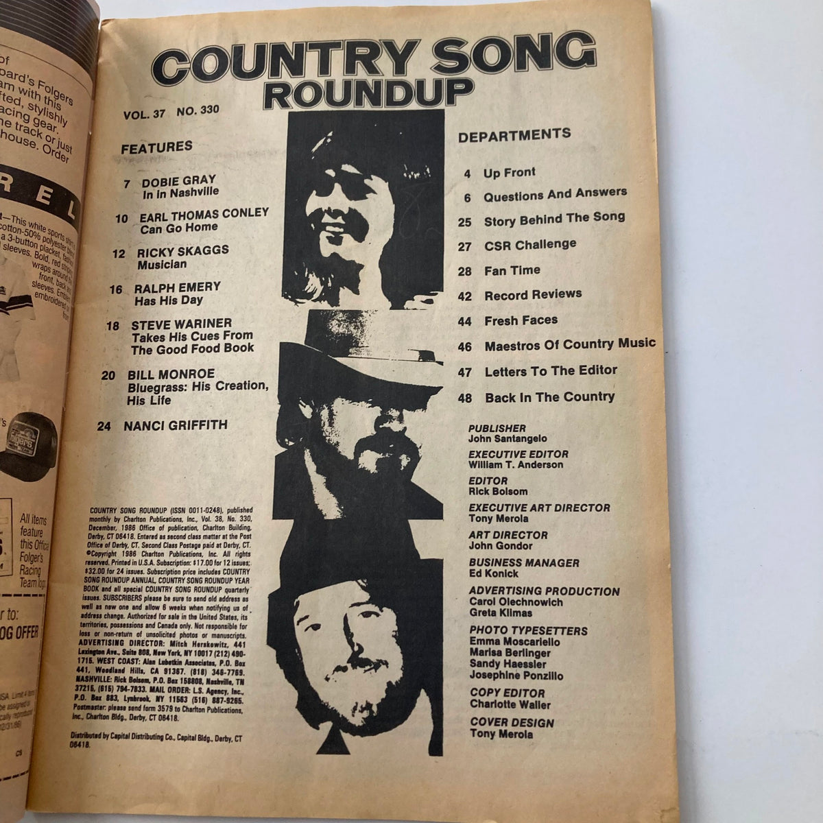 Inside page of VTG Country Song Roundup Magazine January 1987 with features and departments including Ricky Skaggs and Bill Monroe, reflecting on classic country music.