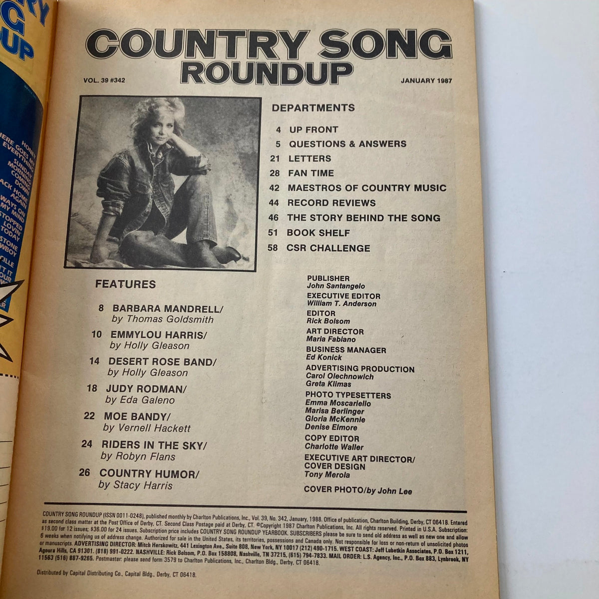 Inside page of the January 1988 Country Song Roundup magazine listing features including articles about Emmylou Harris, Moe Bandy, and Judy Rodman, capturing the essence of country music in that era.