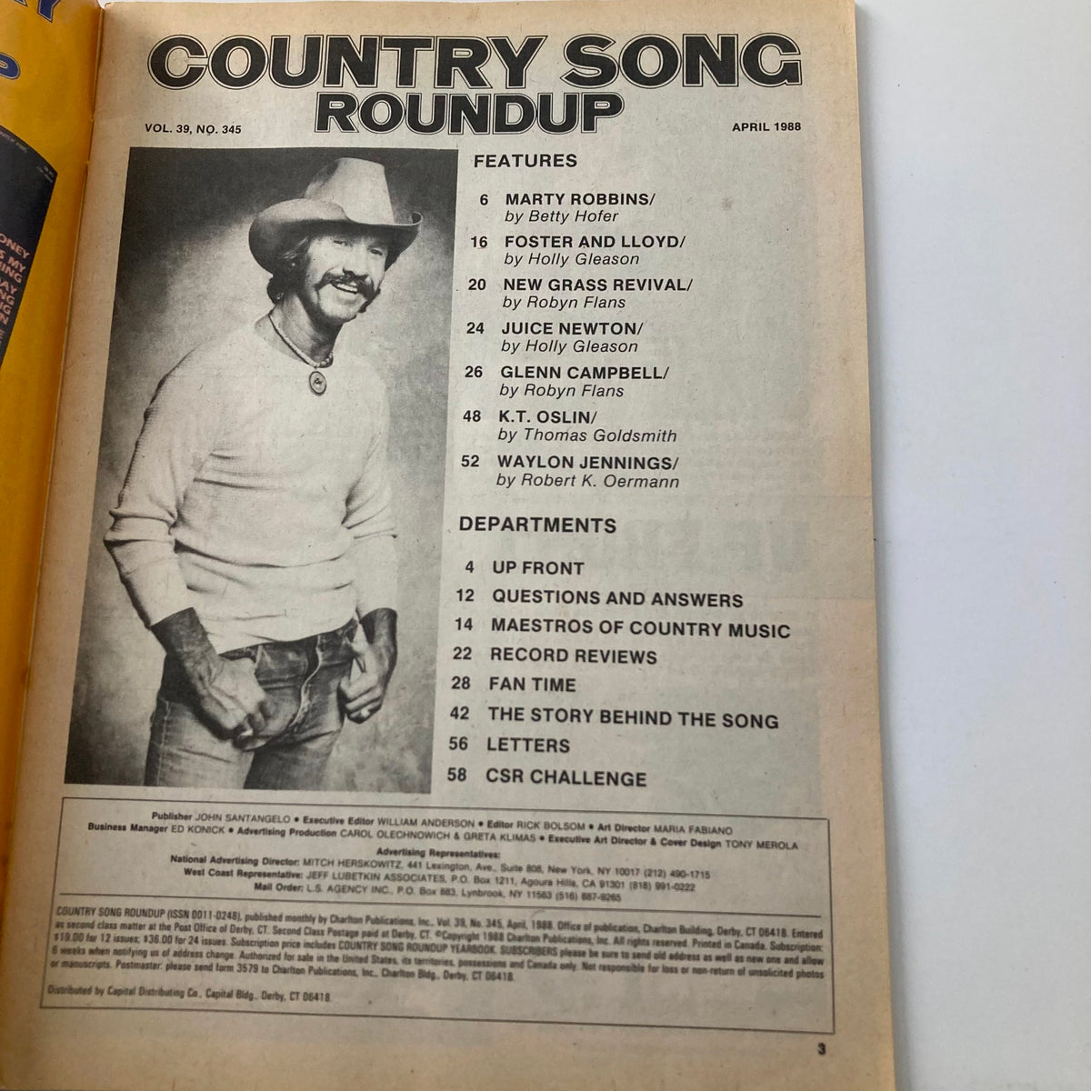 Interior page of VTG Country Song Roundup Magazine April 1988 showcasing the table of contents with features on Marty Robbins and other country music artists.