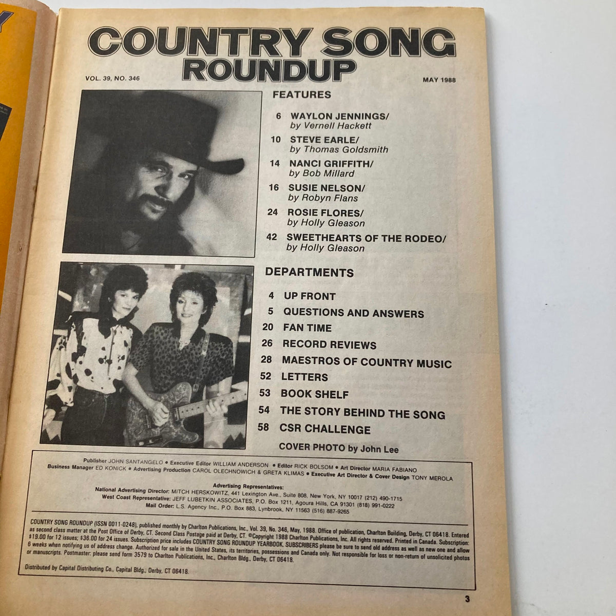 Inside page of the May 1988 issue of Country Song Roundup magazine featuring articles about Waylon Jennings and Steve Earle, along with other country music highlights. The layout includes a list of features and departments in a vintage magazine style.