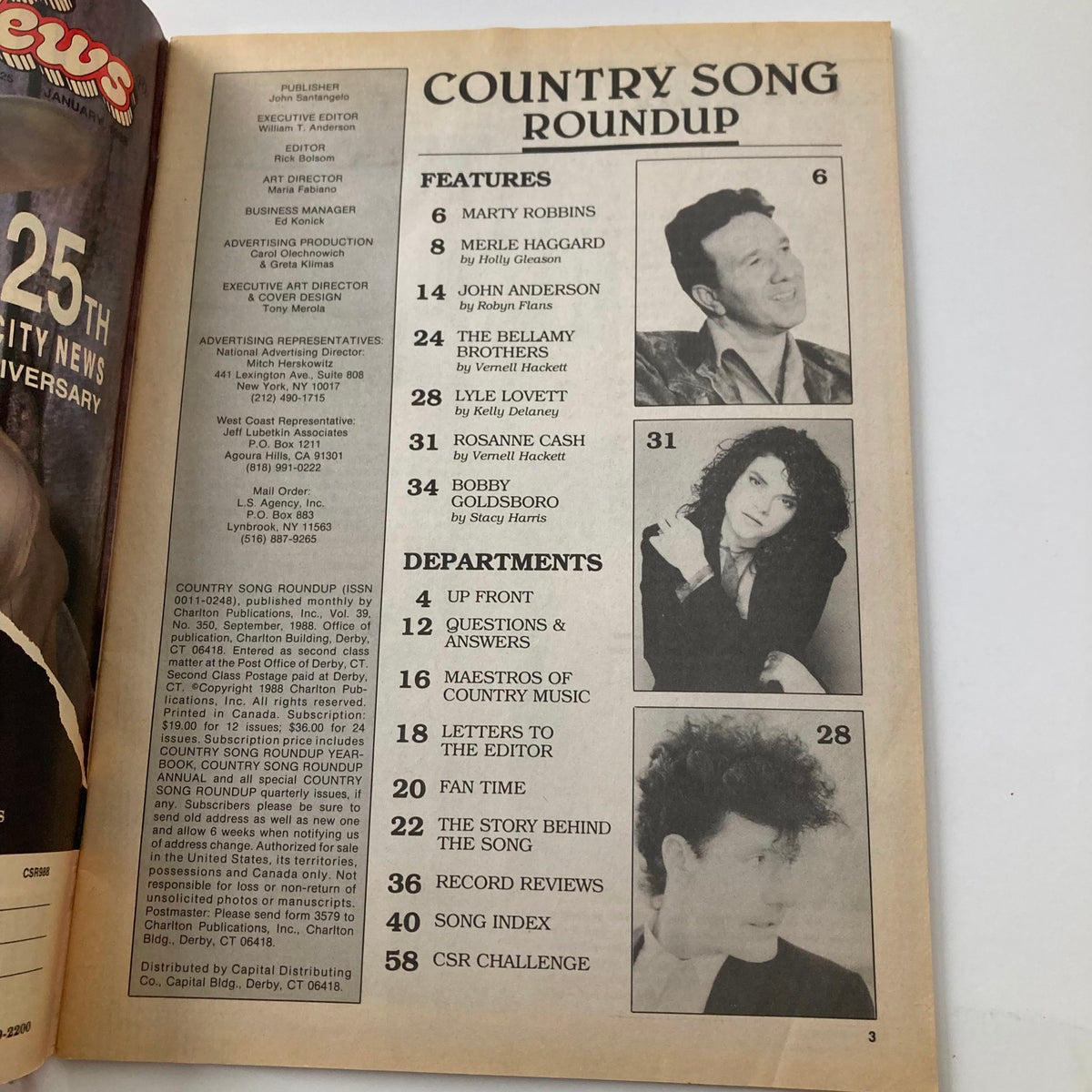 Interior page of the Country Song Roundup magazine from September 1988, highlighting features such as articles on Lyle Lovett and Roseanne Cash, part of the collectible vintage magazine series.