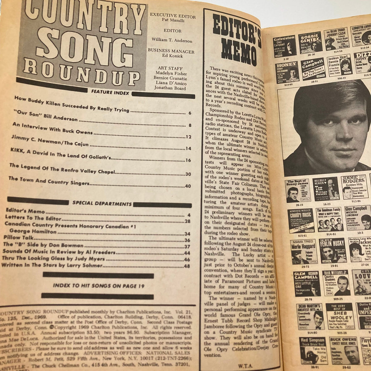 Interior page of VTG Country Song Roundup Magazine December 1969 showcasing the table of contents with feature articles including an interview with Buck Owens and information about George Hamilton IV.