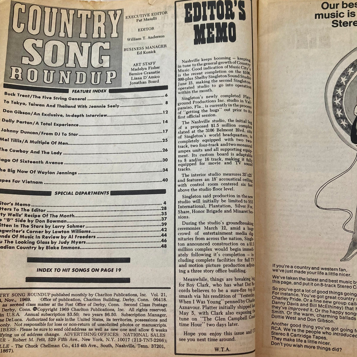 Index and editor's memo page from VTG Country Song Roundup Magazine November 1969 showcasing feature articles and addresses.