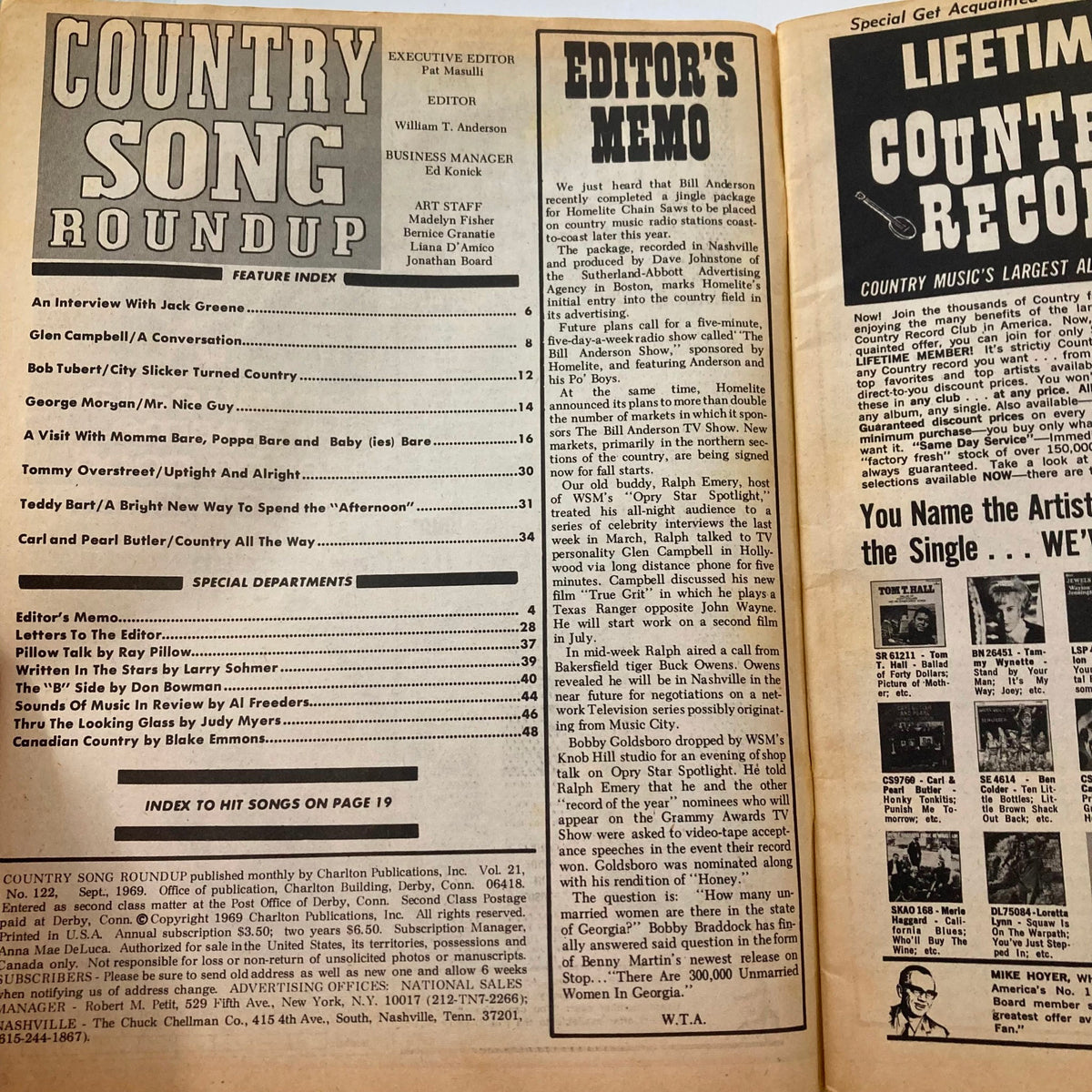 Inside page of Country Song Roundup Magazine September 1969 showcasing the feature index and editor's memo, with mentions of Glen Campbell and other country music personalities.