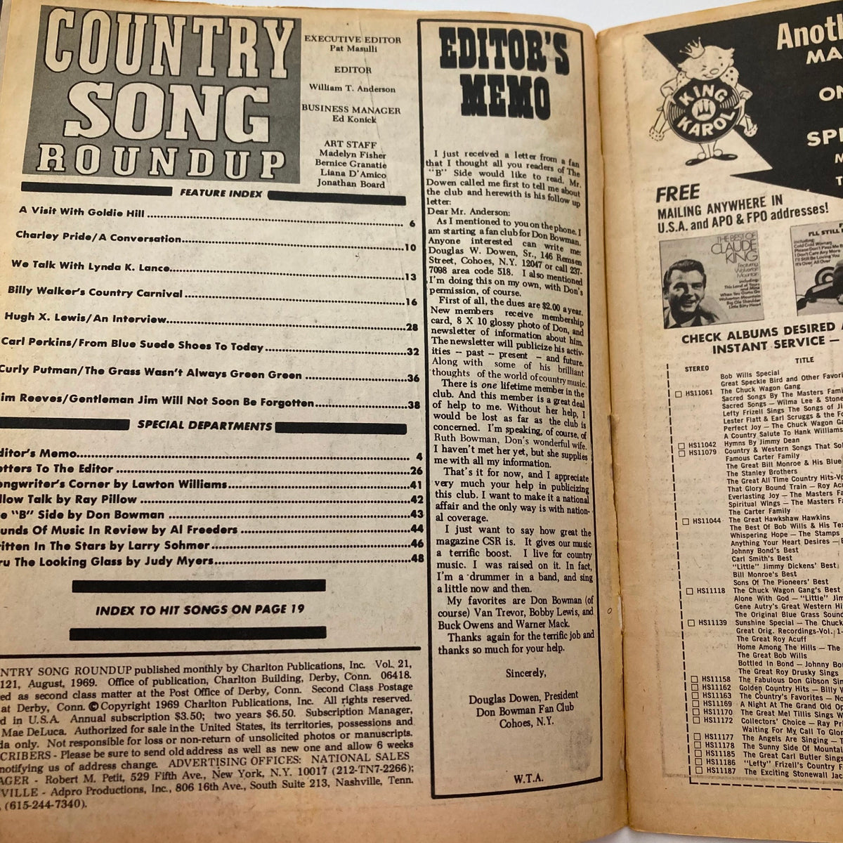 Inside page of VTG Country Song Roundup Magazine August 1969 displaying the feature index and editor's memo, highlighting articles on Charley Pride and Billy Walker among others.