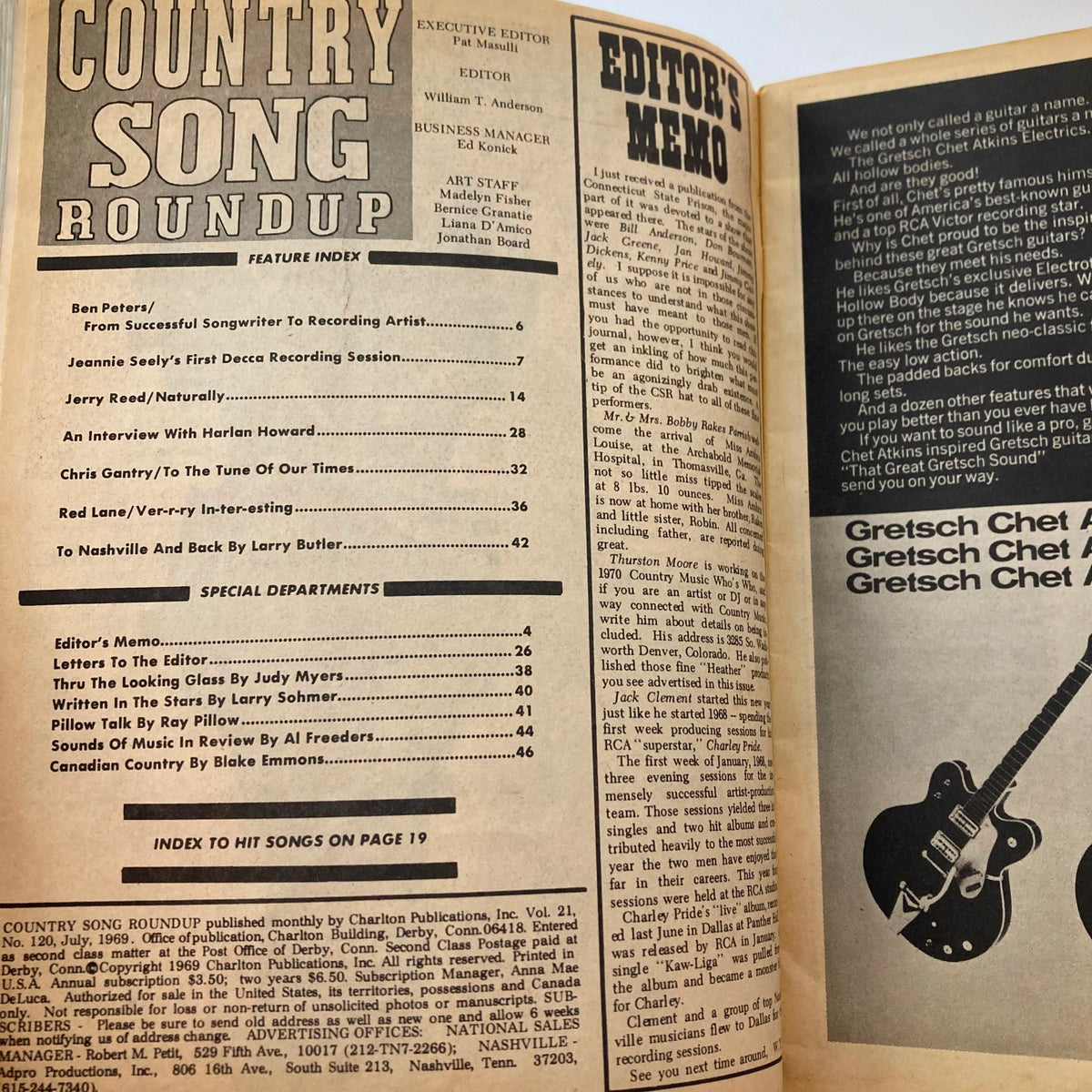 Inside page of VTG Country Song Roundup Magazine July 1969 displaying the feature index and editor's memo, highlighting articles on country music artists.