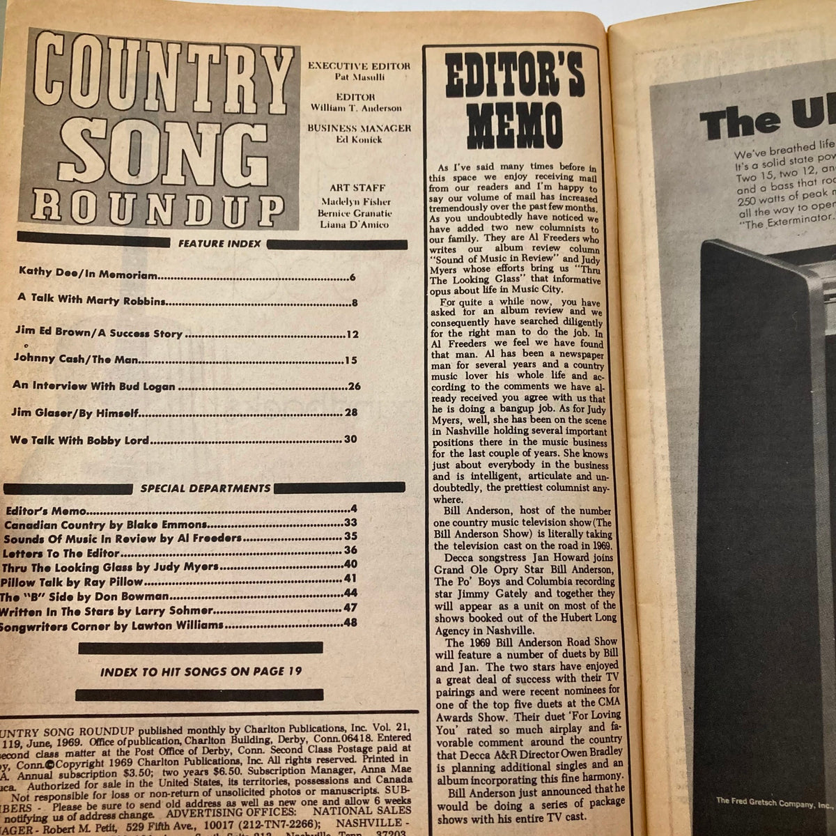 Interior page of VTG Country Song Roundup Magazine June 1969 featuring the feature index, editor's memo, and articles including a talk with Marty Robbins and an interview with Johnny Cash.