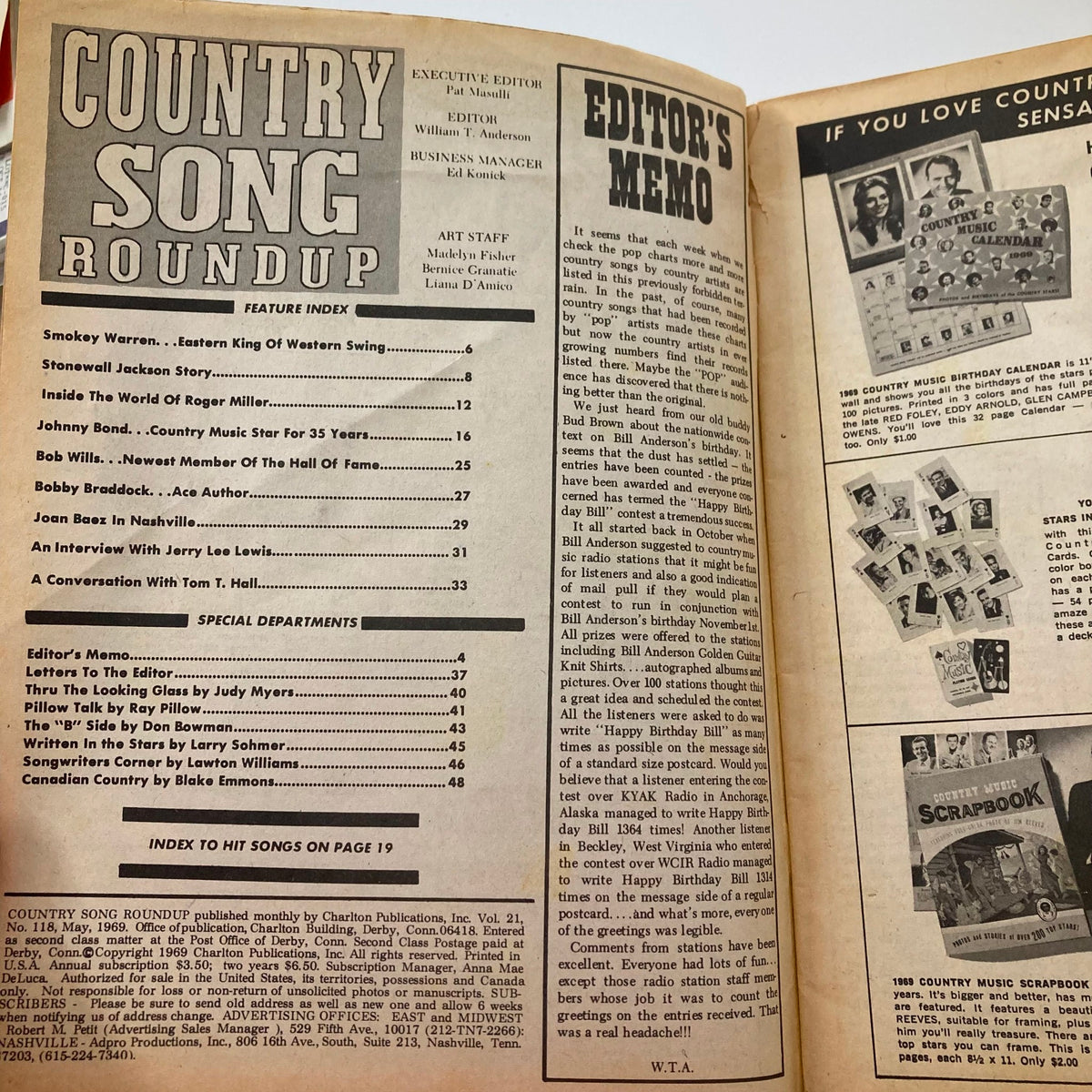 Inside pages of VTG Country Song Roundup Magazine May 1969 displaying the feature index and editor's memo, highlighting content about Stonewall Jackson and other country music legends.