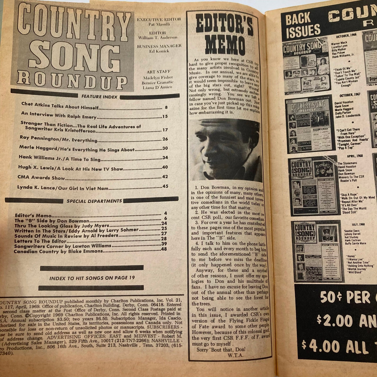 Interior page of VTG Country Song Roundup Magazine April 1969, displaying the feature index and editor's memo, highlighting key content including Chet Atkins and Merle Haggard.